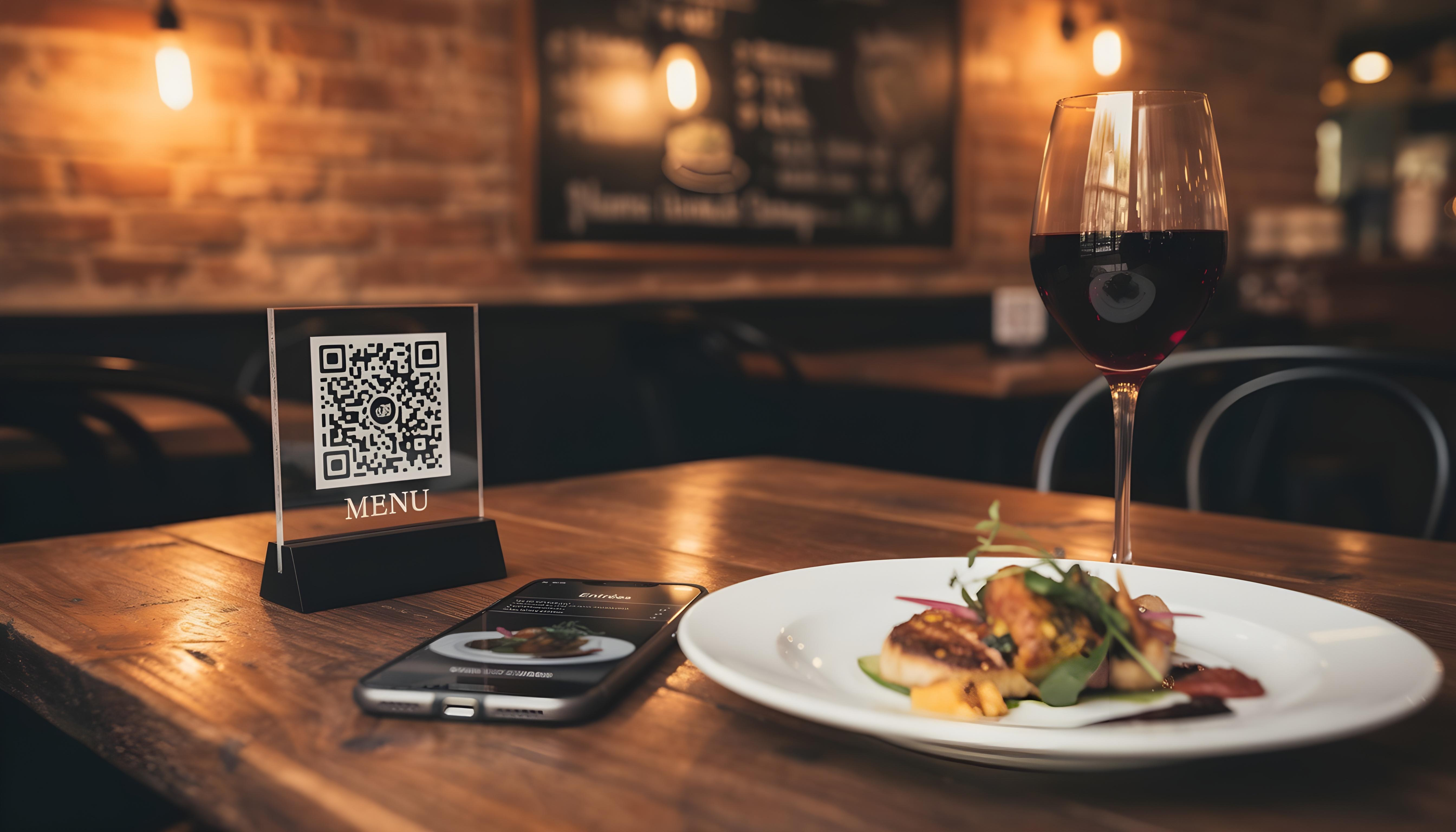 Table de bistrot avec QR code menu, smartphone affichant une carte digitale, verre de vin et plat gastronomique